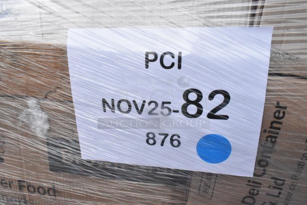 Pallet of assorted items wrapped in plastic with label "PCI NOV25-82 876"; includes containers, gloves, napkins, bags.