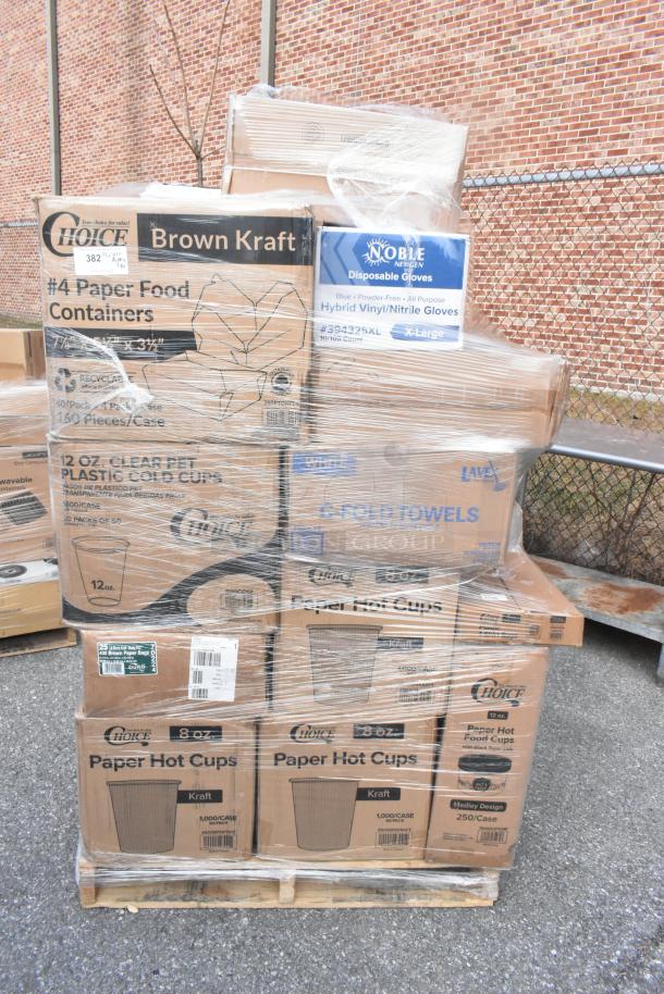 Pallet of 34 new scratch and dent food service items, including Choice hot cups, takeout bowls, cold cups, and Noble gloves.