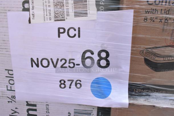 Auction lot with 34 new scratch and dent items, including hot cups and takeout bowls. Marked "PCI NOV25-68 876."