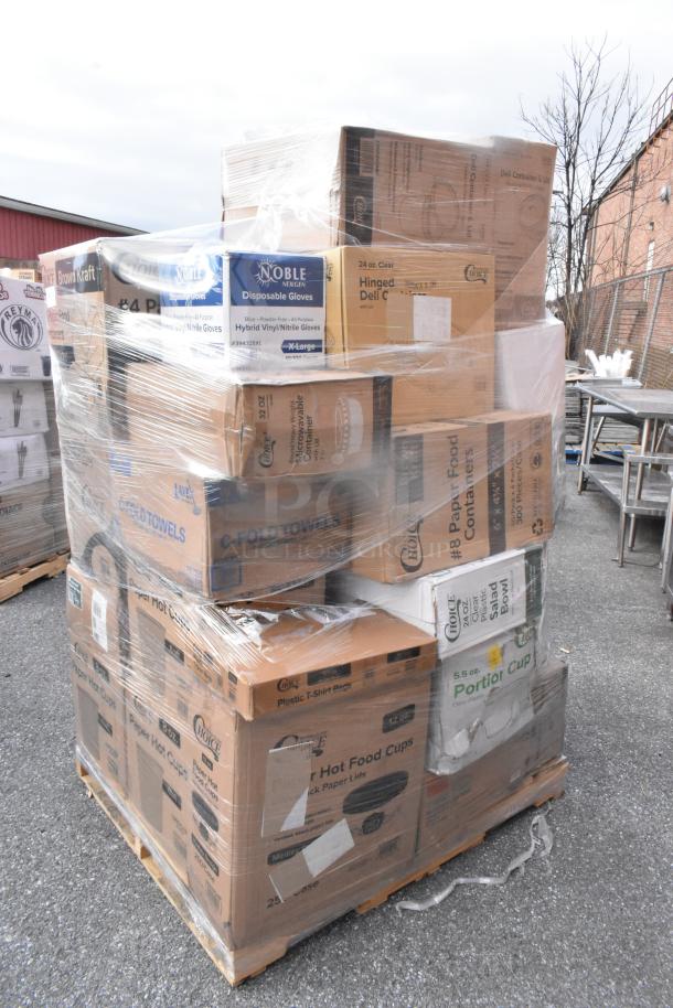Pallet of 34 new scratch and dent items including hot cups, takeout bowls, cold cups, and gloves. Various brands visible.