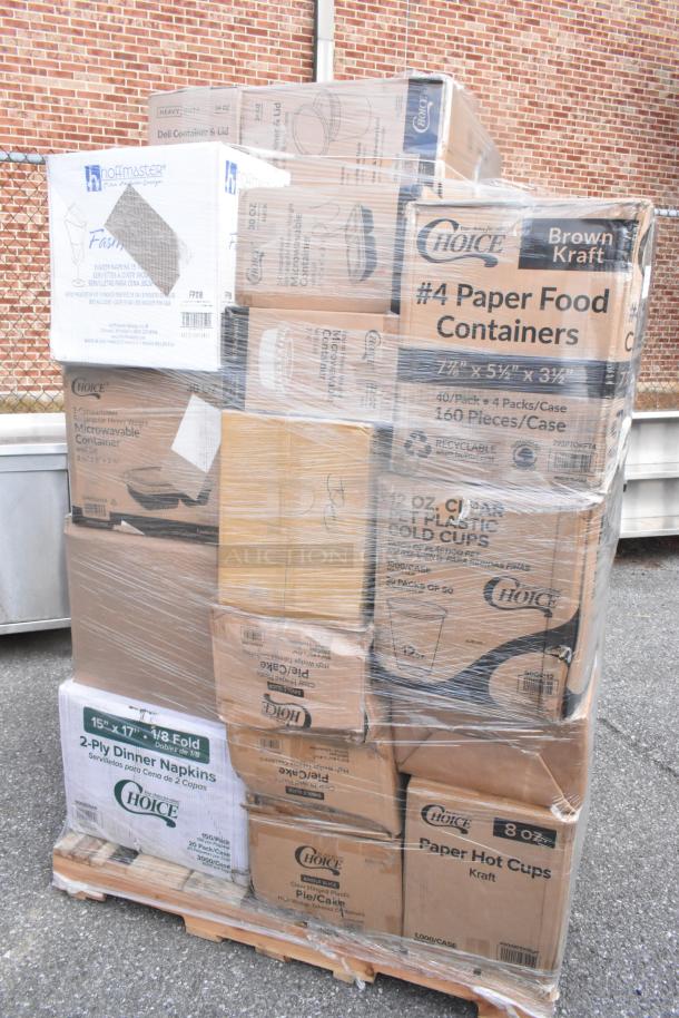 Pallet of assorted Choice brand food service items including hot cups, cold cups, bowls, and napkins in original boxes.
