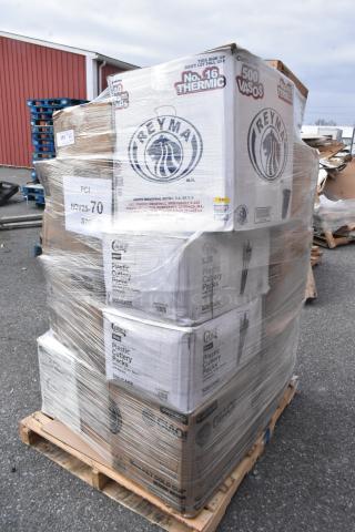 Pallet of 22 new scratch and dent items, including boxes of food bags, straws, cups, popcorn boxes shrink-wrapped for auction.