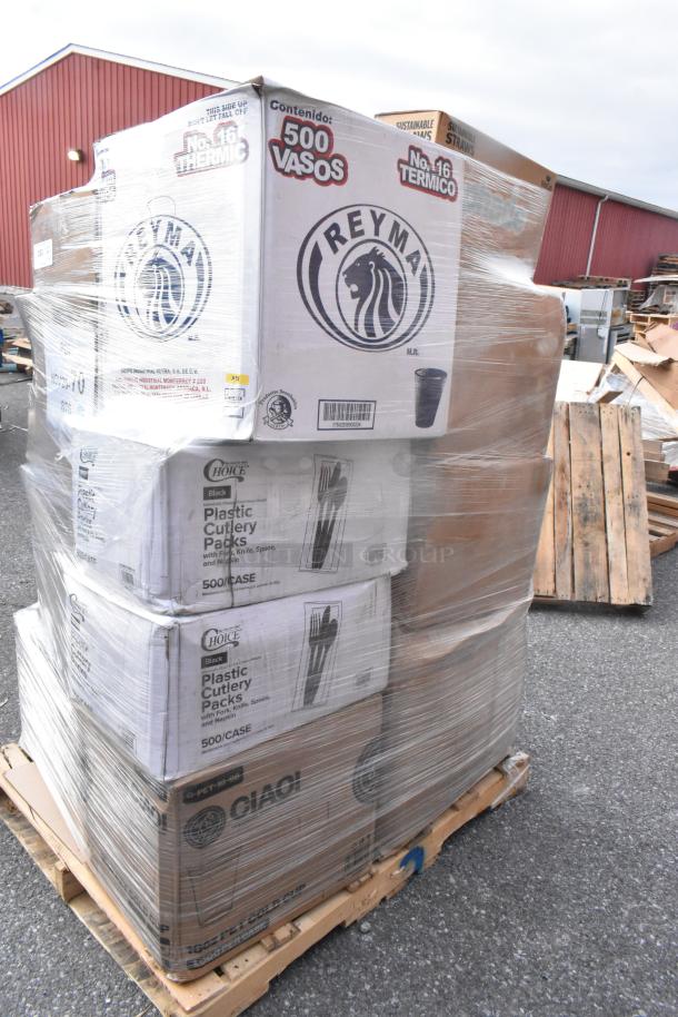 Pallet of 22 new scratch and dent items, including Reyma cups, Choice plastic cutlery packs, straws. Brand labels visible.