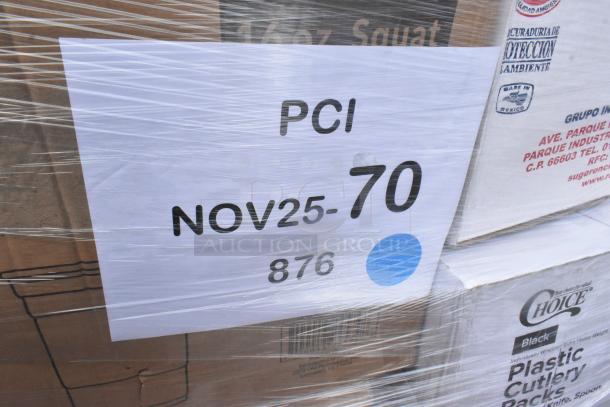 Pallet of 22 new scratch and dent items including food bags, straws, cups, and popcorn boxes. Tags read "PCI NOV25-70".