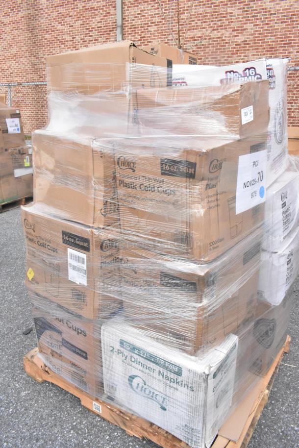 Pallet of 22 brand new scratch and dent items including food bags, straws, 16 oz plastic cups, popcorn boxes.