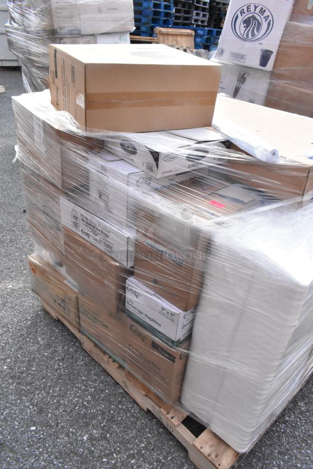 Shrink-wrapped pallet with boxes labeled "Choice" and "Reyma," containing ice bags, catering trays, and containers, new condition.