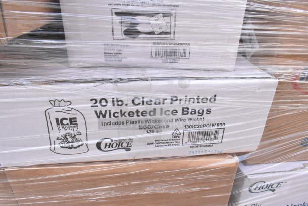 Packaged boxes of 20 lb. clear printed wicketed ice bags, includes 500 per case, new condition, distributed by Choice.