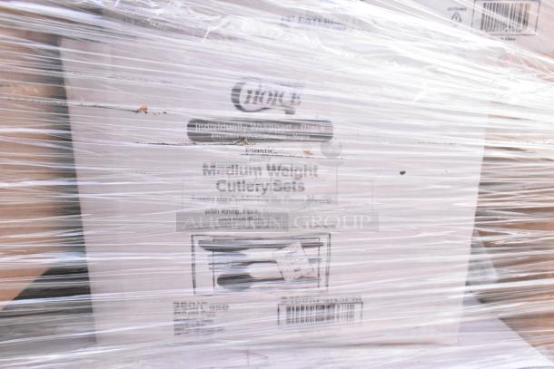 Plastic-wrapped pallet of catering supplies, featuring Choice medium-weight cutlery sets. Brand new, scratch and dent condition.