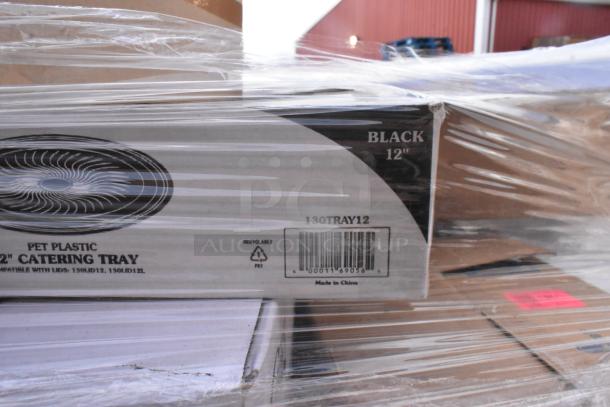20 new scratch and dent items, including 12" black PET plastic catering trays. Box displays barcode and "Made in China."