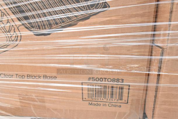 Boxes of assorted catering items, including trays, ice bags, and containers. Visible label: "#500TO883, Made in China."