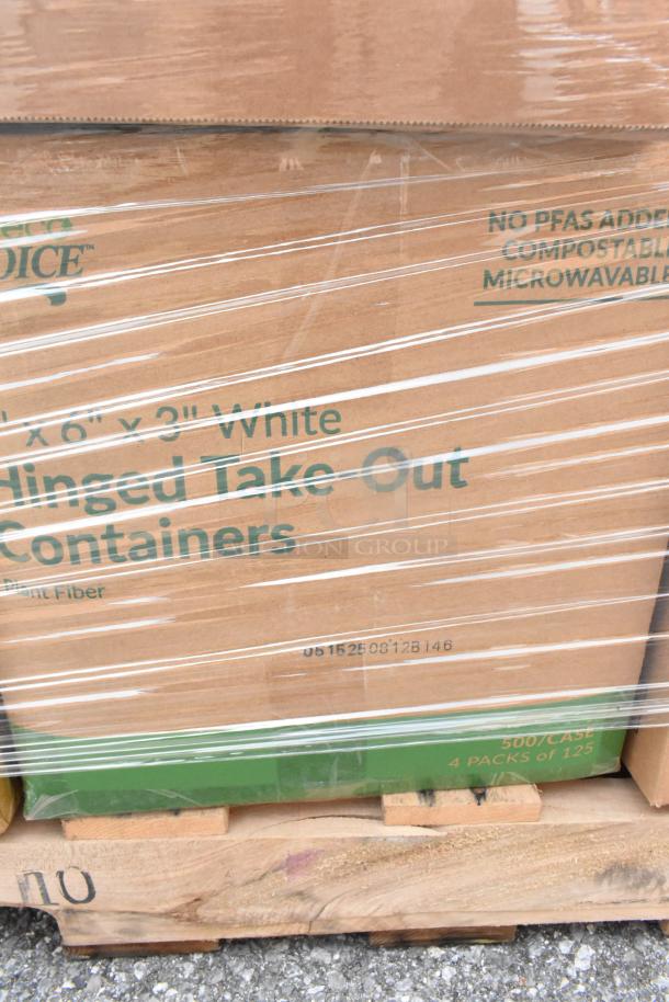 Box of hinged take-out containers, marked "No PFAS added, compostable, microwavable." New condition, pallet-wrapped.