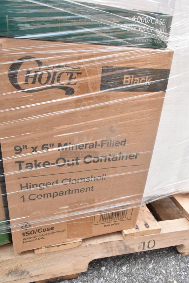Cardboard box on pallet labeled "Choice 9"x6" Mineral-Filled Take-Out Container, Hinged Clamshell, 1 Compartment, 150/Case."