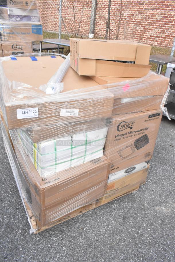 Pallet of 20 new scratch and dent items, including ice bags, catering trays, containers, wrapped in plastic.