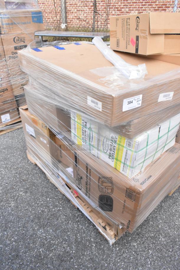Pallet with new scratch and dent items including ice bags, catering trays, and containers. Wrapped in plastic, assorted boxes.