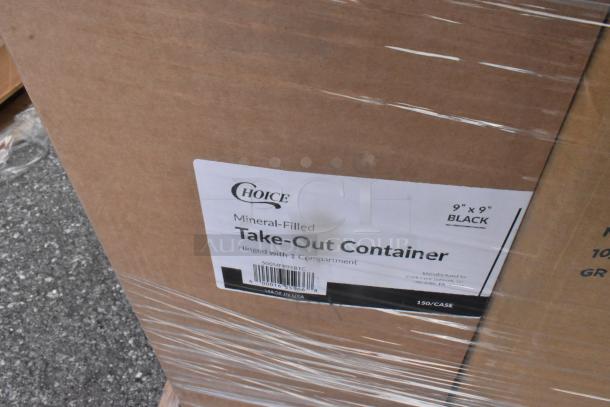 Box of Choice Mineral-Filled Take-Out Containers, 9"x9" Black, 1 compartment, 150/case, brand new, minor box damage.