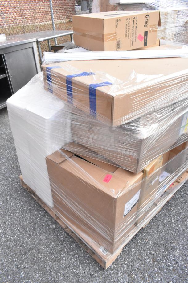 Wrapped pallet of boxed items labeled "Choice" including containers, trays, and ice bags. Brand new, scratch and dent condition.