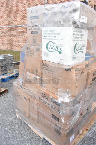 Pallet of assorted Choice brand cups, lids, containers in original packaging. Slightly damaged boxes, new items.