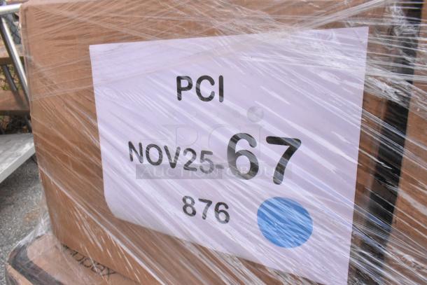 Clear plastic-wrapped pallet with label showing "PCI", "NOV25-67", and "876". Contains 27 new scratch and dent items.