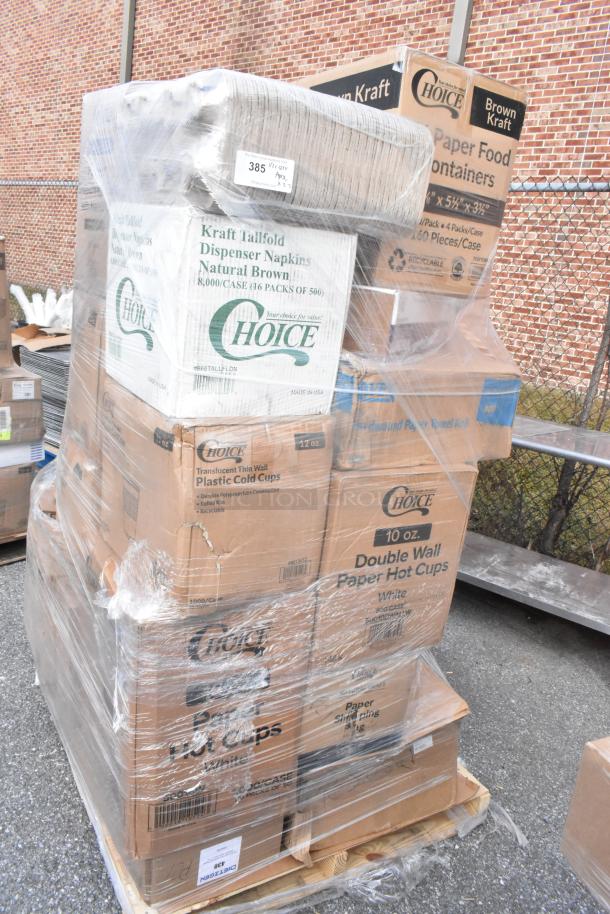 Sealed pallet of assorted Choice brand items including hot cups, cold cups, lids, napkins, and food containers. Some items marked as scratch and dent.