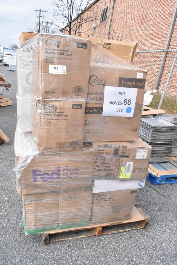 Pallet of 36 new, scratch and dent items including Choice cold cups, paper plates, guest checks, cutlery packs.