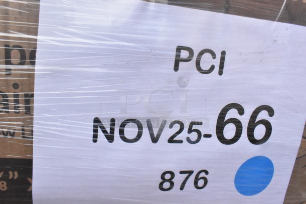 Pallet wrapped with plastic showing a label marked "PCI," "NOV25-66," and "876" in black text.