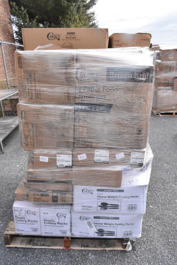 Pallet of 36 new scratch and dent boxes containing Choice brand cold cups, paper plates, guest checks, and cutlery packs.