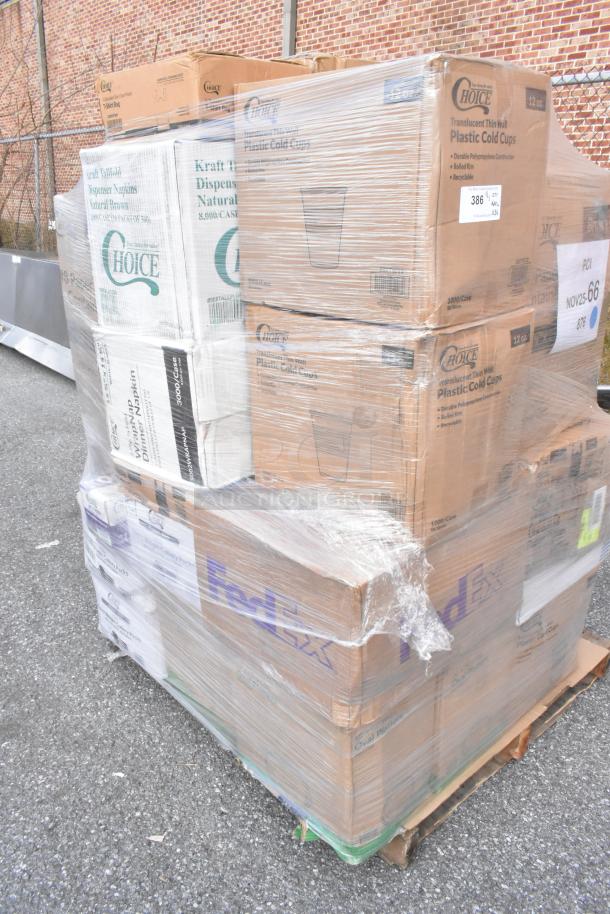 Pallet with 36 new items, including Choice cold cups and Kraft napkins. Boxes wrapped in plastic, labeled, scratch and dent condition.