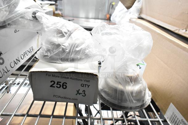 Three brand new Regency 600DB35 basket drains with strainers in packaging, slight cosmetic imperfections. Quantity 3.