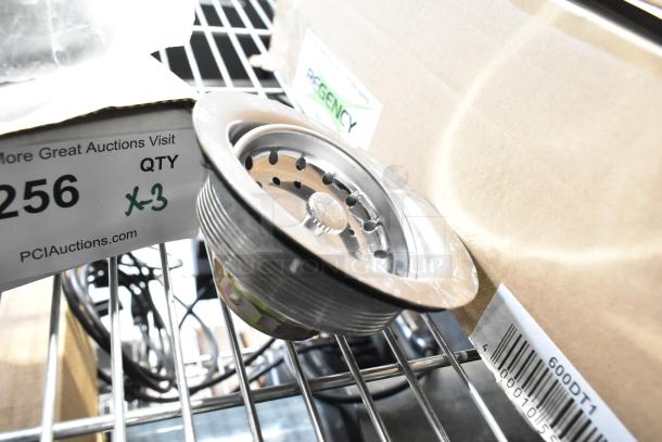 Brand new Regency 600DB35 basket drain with strainer, 3 1/2", 1 1/2" IPS; includes 3 units, marked "x3" on box.
