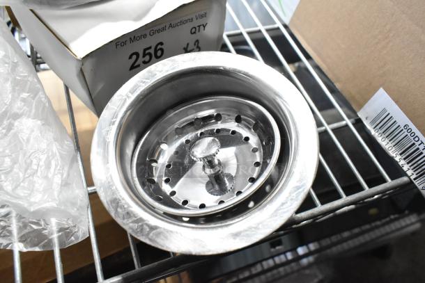 3 New Regency 600DB35 Basket Drains, 3.5" with Strainer, 1.5" IPS. Minor scratches, shown in packaging, lot of 3.