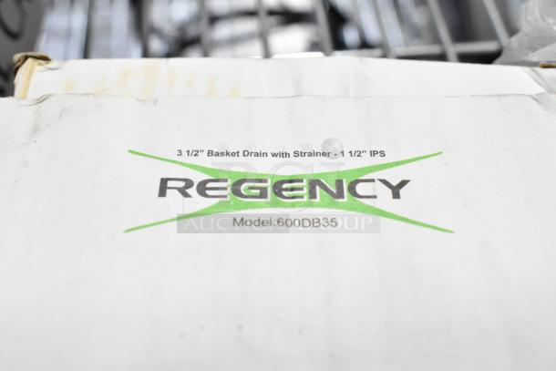 Regency 600DB35 3 1/2" basket drain with strainer in original packaging, 1 1/2" IPS, new condition.