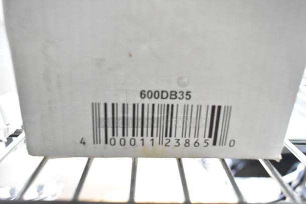 Box with label "600DB35" and barcode for Regency 3 1/2" Basket Drain with Strainer, new scratch and dent condition.