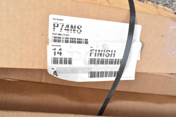Box labeled "P74NS" with warehouse code 14, bin "FINISH." Contains new scratch and dent items, quantity 4 per box.