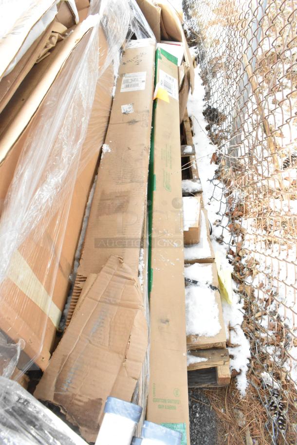 Bundle of 12 new scratch and dent items including Quantum P63P post, Metro 2448BR and MX2448F shelves in original packaging.