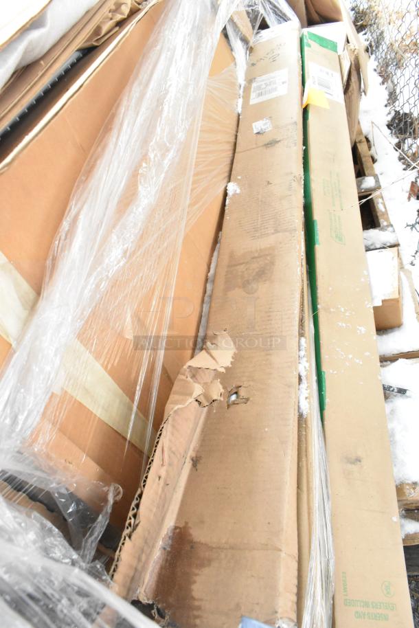 Packaged items including P63P Quantum 63" epoxy post, DB4 donut bumper, Gold Bond CM5PB caster, Metro 2448BR wire shelf, MX2448F solid shelf.