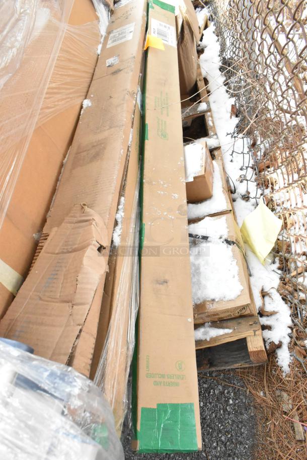 12 new scratch and dent items, including Quantum Food Service post, donut bumper, caster, Metro wire and solid shelves in packaging.