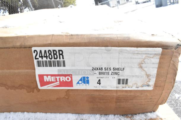 Box of Metro 2448BR Super Erecta Brite Zinc Wire Shelf, 48"x24", label indicating quantity 4.