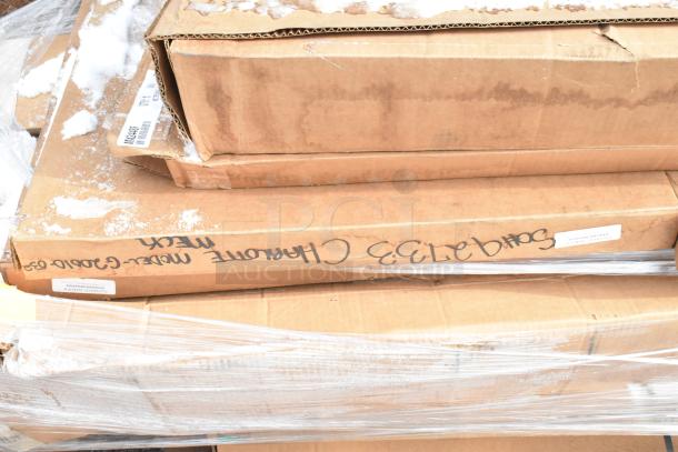 Boxes of brand new scratch and dent items, visible labels, including Quantum P63P post, Gold Bond CM5PB caster, Metro shelves.