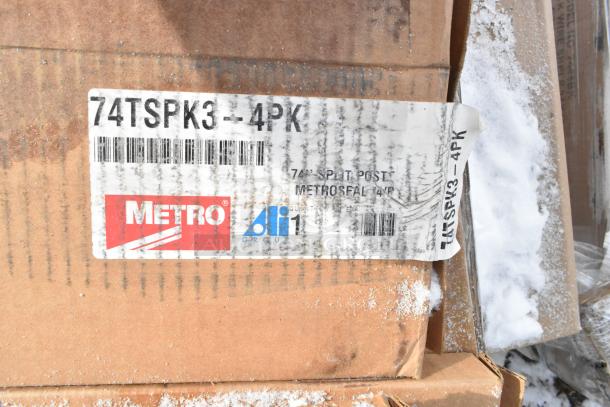 Cardboard box labeled 74TSPK3-4PK Metro Posts, indicating a set of 74" split posts, Metroseal finish, 14 items inside.
