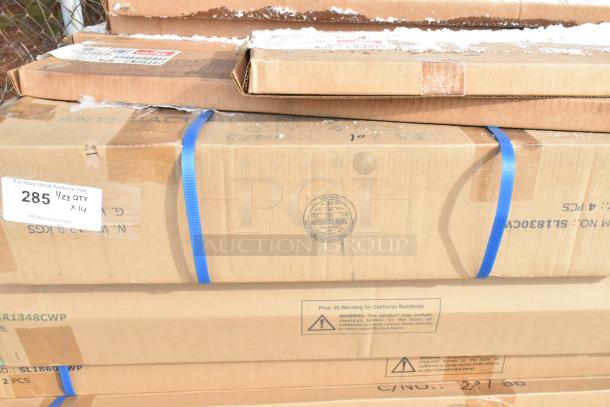 Boxed auction items including Metro Posts 74TSPK3-4PK, Serv-Ware SL1830CWP, GR1848CWP, and SL2472CWP Shelving. Quantity 14.
