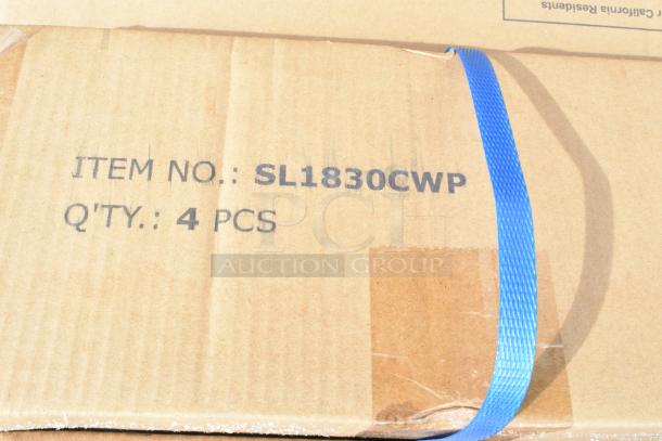 Cardboard box labeled "Item No.: SL1830CWP, Qty: 4 Pcs", containing new scratch and dent wire shelves.