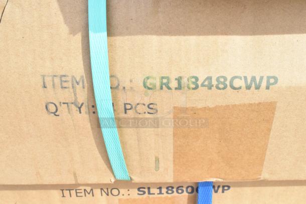 Cardboard box label showing "ITEM NO: GR1848CWP" and partial "SL1860CWP" marking, with blue and teal straps.