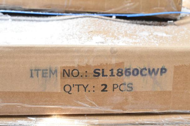 Cardboard box with "ITEM NO.: SL1860CWP" and "Q'TY: 2 PCS," indicating contents of wire shelving components, new condition.