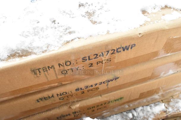 Cardboard box labeled "SL2472CWP, 2 PCS" in snow, containing scratch and dent wire shelving, silver epoxy, 24" x 72".