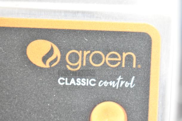 Alt text: "Brand new 2021 Groen TDH-48C stainless steel steam tilting kettle with classic control, 12-gallon, 52,000 BTU."