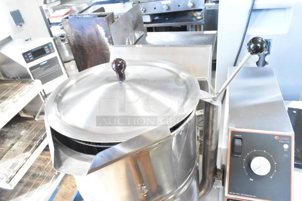 Brand new 2021 Groen TDH-48C stainless steel 12-gallon steam tilting kettle, natural gas, 52,000 BTU, control panel visible.