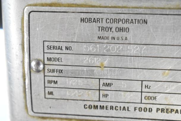 Hobart 2612 meat slicer serial plate, showing model, serial number, and specifications. Made in USA. Used condition.