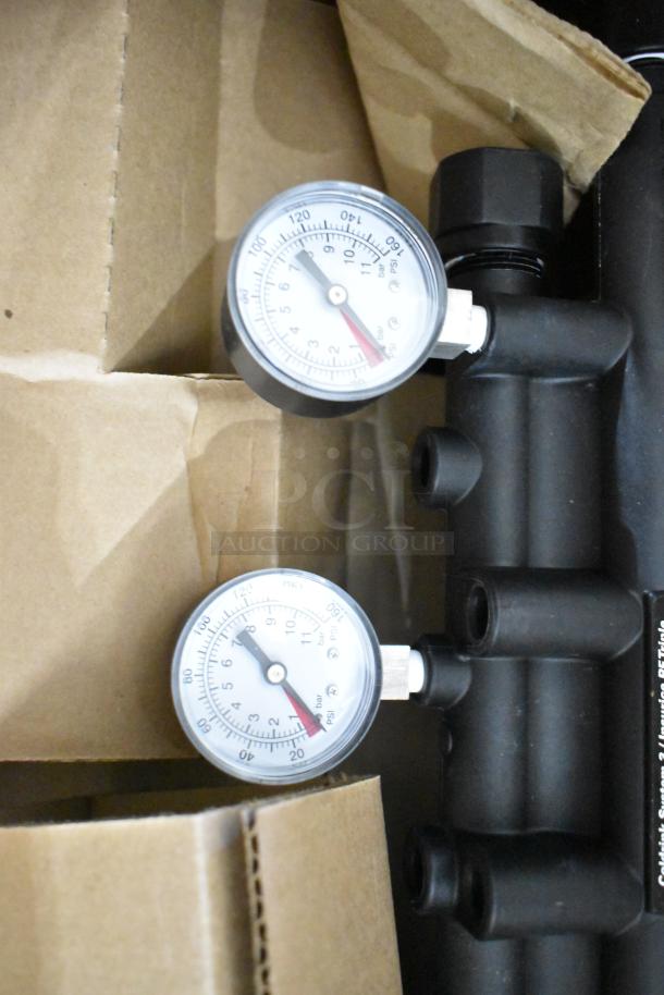 Everpure EV932773 Insurice® Triple PF-7FC-S water filter with pressure gauges, shown in packaging.