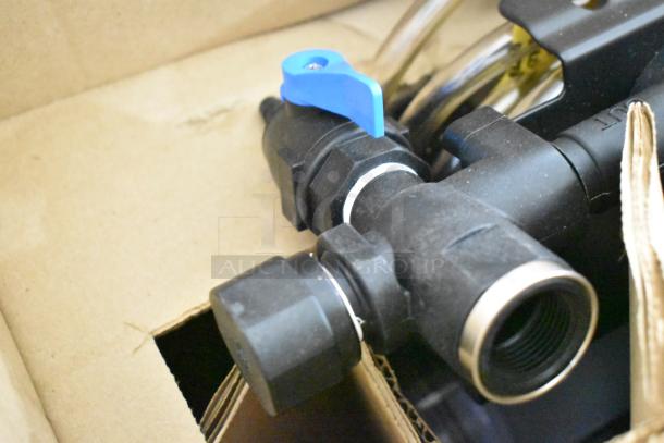 Everpure EV932773 Insurice Triple PF-7FC-S water filter cartridge assembly, black with blue lever, in cardboard box.