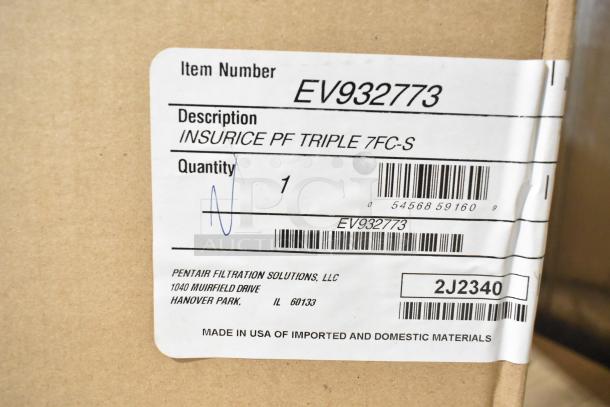 Cardboard box labeled with Everpure EV932773 Insurice PF Triple 7FC-S. Made in USA. Item includes water filter cartridge assembly.
